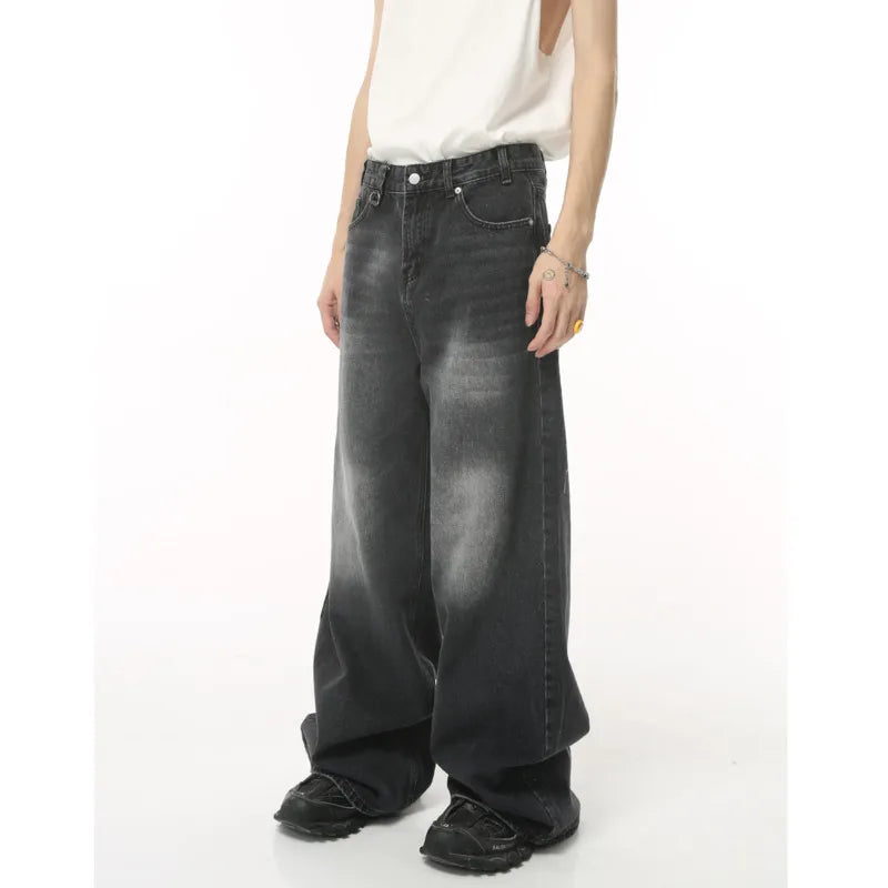 Retro Men's Denim Pants Y2K High Street Wide Leg Loose Denim Pants