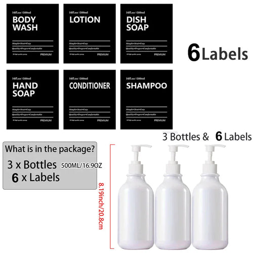 3 Pack 500ml Soap Dispenser With Labels Kitchen Bathroom Shampoo