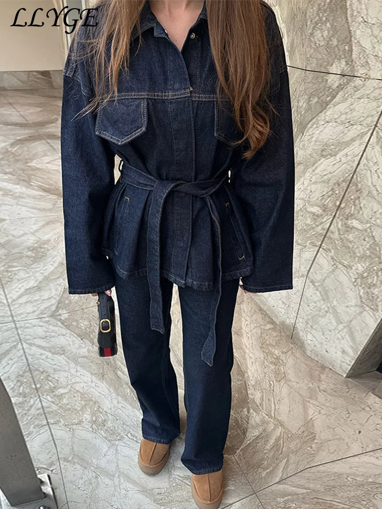 Vintage Belt Denim Jacket Pants Set Women Lapel Single Breasted