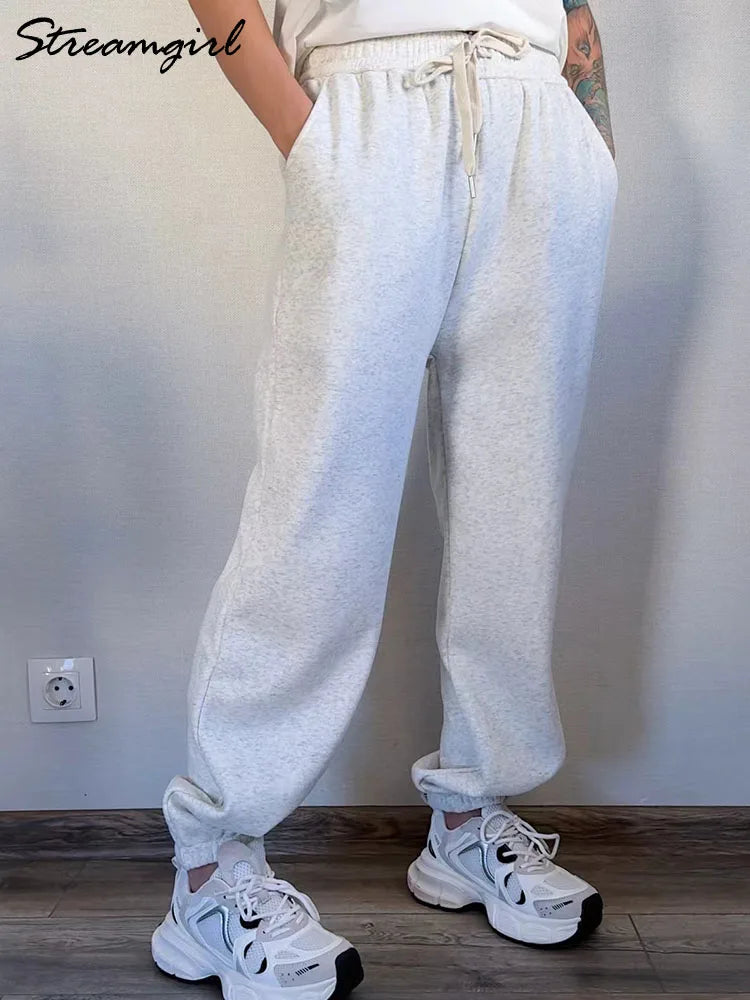 Thick Warm Sweatpants Women Winter Straight Leg Fleece Pants Elastic