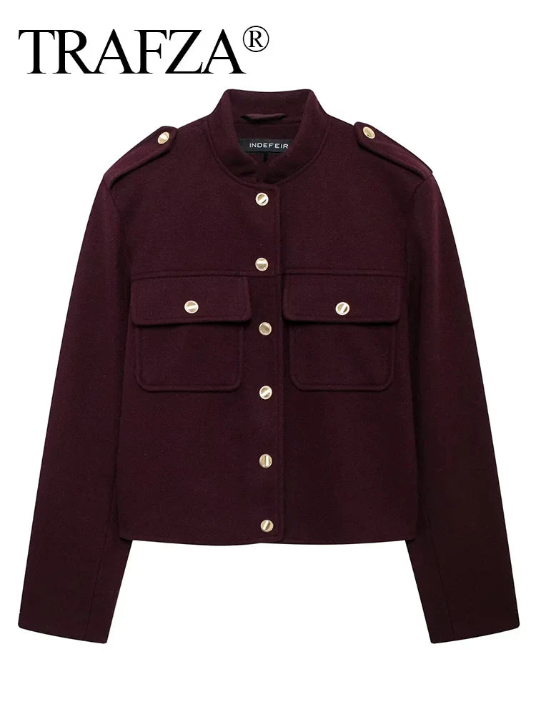 TRAFZA 2024 Fashion Women Soft Tweed Bomber Jacket O-Neck Long Sleeve