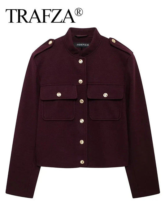 TRAFZA 2024 Fashion Women Soft Tweed Bomber Jacket O-Neck Long Sleeve