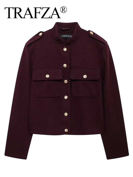 TRAFZA 2024 Fashion Women Soft Tweed Bomber Jacket O-Neck Long Sleeve