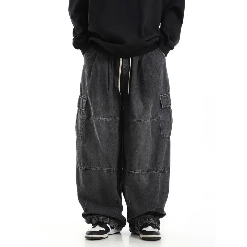 Y2k Black Baggy Cargo Jeans Trousers Men Streetwear Casual Hippie