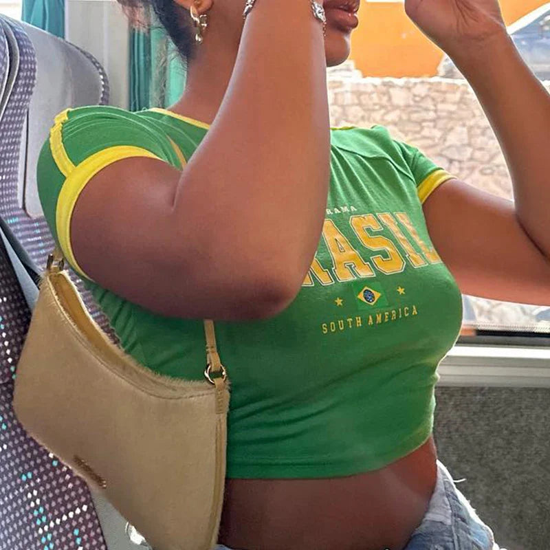 2024 Retro Street Aesthetic Baby T-shirt Women Green Brazil Letters