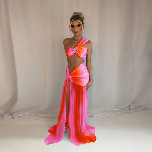 One Shoulder Bikini with Slit Skirt Top Sweet Waist Long Skirt Suit Swimsuits Women Bathing Suits Summer Beachwear Biquini