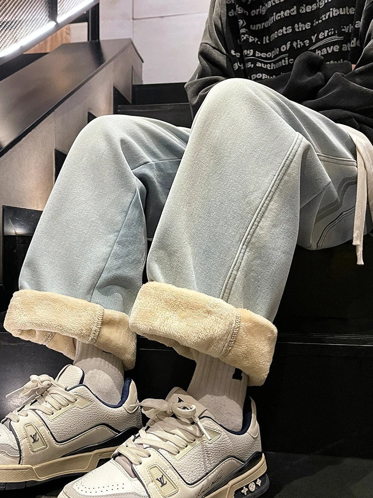 Winter Men's Jeans Korean Fashion Fleece Liner Thick Warm Straight