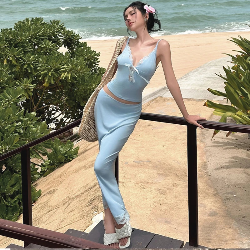 Y2k Matching Suit Women’s 2 Piece Summer Outfits Lace Trim Sleeveless
