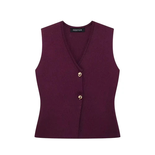 TRAFZA 2024 Women Skirt Set Wine Red Knitted V-Neck Sleeveless Slim
