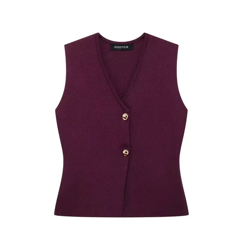 TRAFZA 2024 Women Skirt Set Wine Red Knitted V-Neck Sleeveless Slim