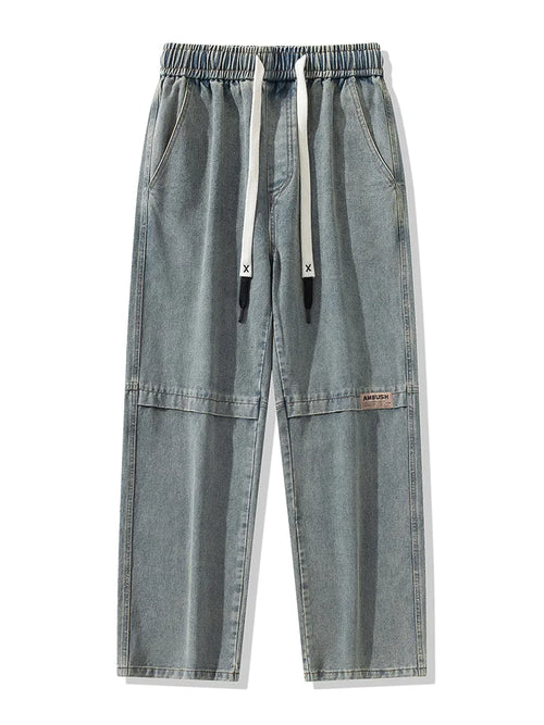 2024 New Retro Blue Men's Jeans Large Size String Banding Wide Leg