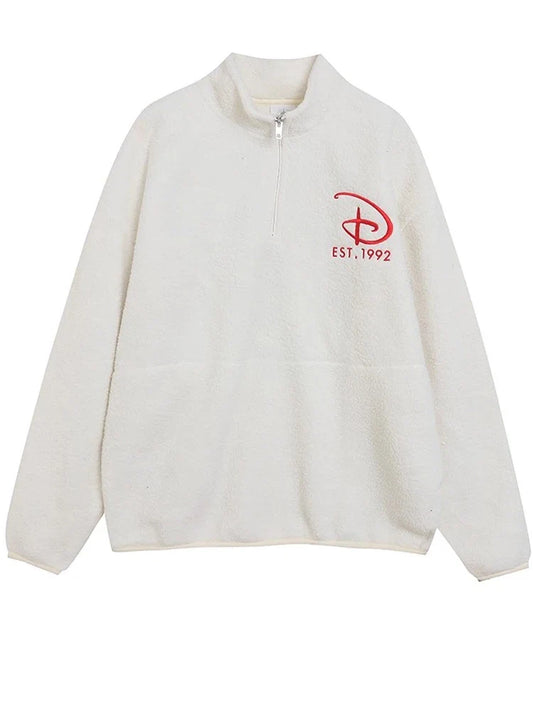 Disney Minnie Mouse Letter Print Embroidery Lamb's Wool Sweatshirt Women Long Sleeve Jacket Jumper Tops White Streetwear Female