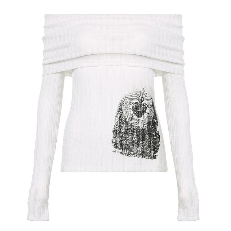 Rockmore Chic Retro One-Shoulder Printed Top Slim Thin Long Sleeve