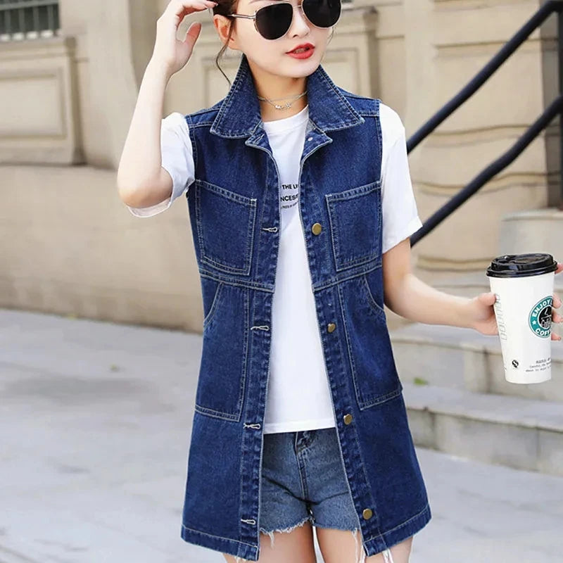 Women's Denim Vests 2025 Spring Summer Ripped Long Hole Jeans