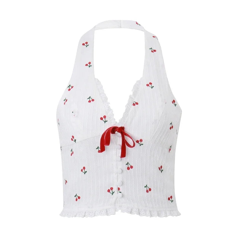 WhereMery Korean Fashion Print Halter Camis Tank Tops Summer Knitted