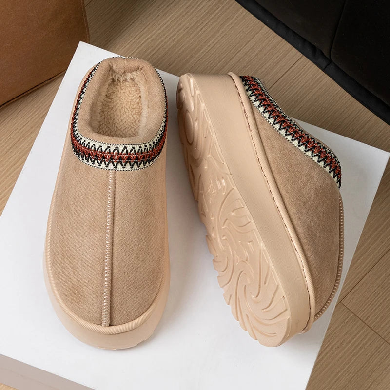 Feslishoet Winter Woman Slippers Plush Interior Anti Slip Sole Thick Bottom Embroider Fashion Warm Slippers Use Indoor Outdoor