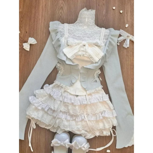 Vintage 3 Piece Skirt Suit Women Kawaii Ruffles Cardigan Outwear