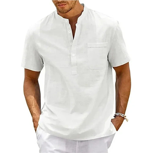 Cotton Linen Shirt Men Henley Neck Pocket Casual Beach Short Sleeve