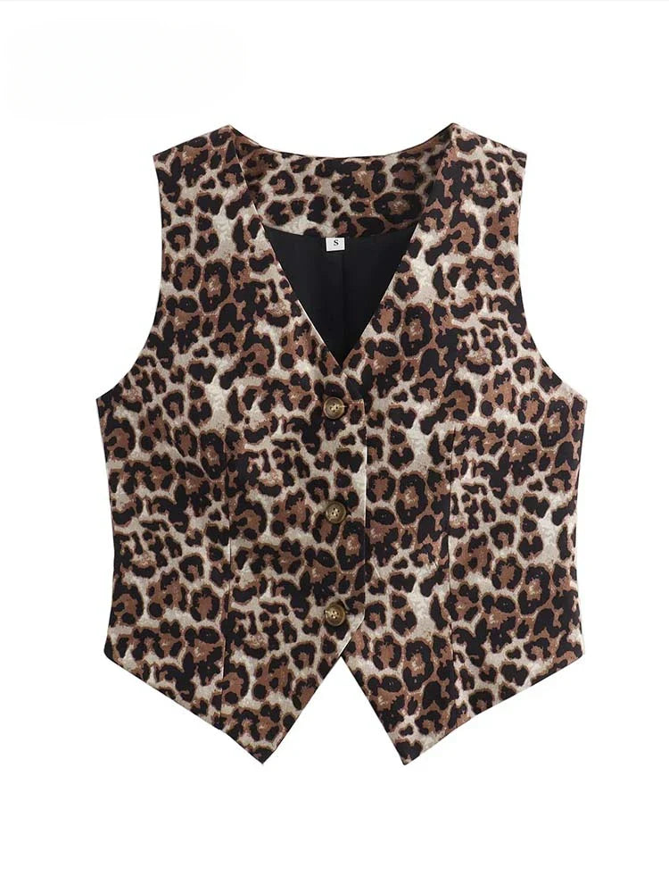 Women's Vest 2024 Fashion Leopard Summer V-Neck Single-breasted Vest