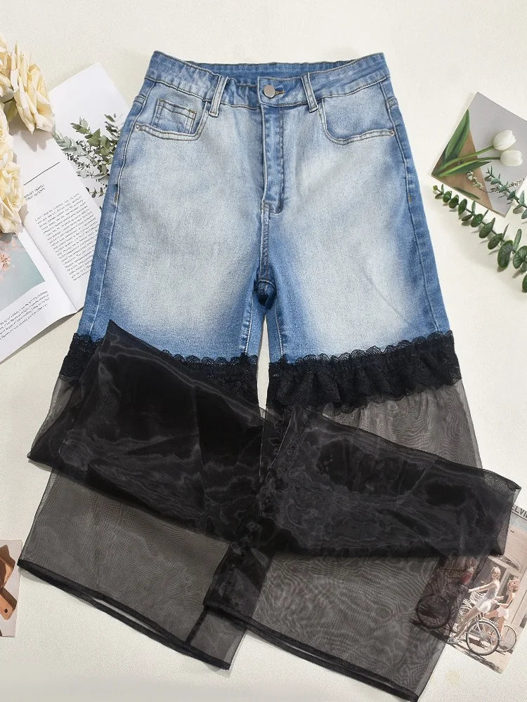 Wmstar Jeans Women High Waist Denim Mesh Patchwork Boyfriend Cargo