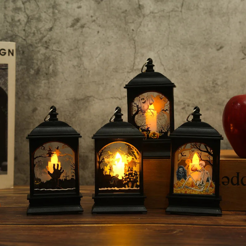 Portable Pumpkin Ghost Castle Lantern Lamp Hanging LED Jack-O-Lanterns Halloween Decoration Party Flame Haunted House Props Gift