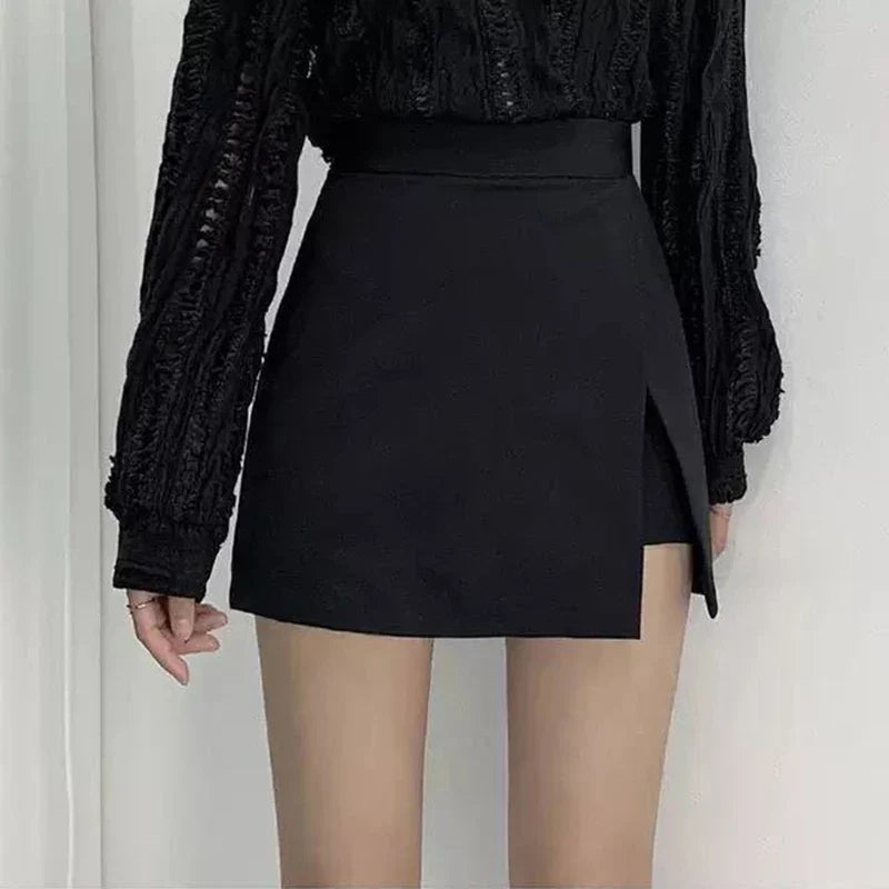 Black Mini Skirts Women Irregular Side Slits High Waist A Line Shorts