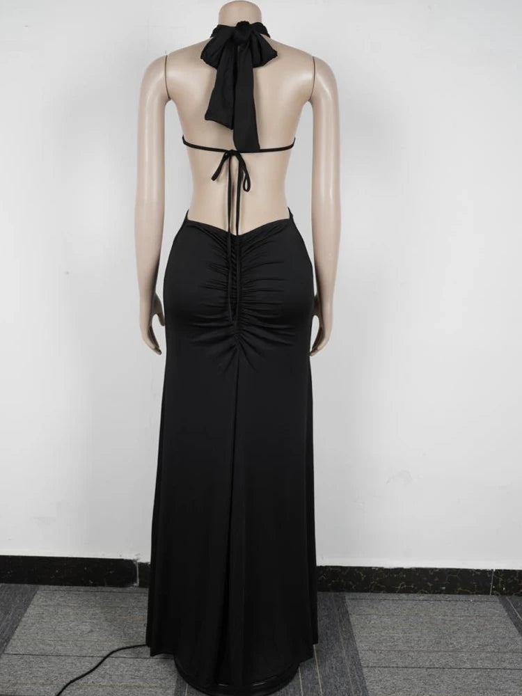 Kricesseen Sexy Cut-Out O-Rings Metal Ruched Maxi Dress Holiday Outfits Womens Lace-Up Bandage Party Dresses Night Out Vestidos