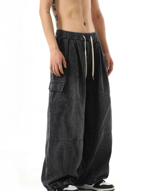 Y2k Black Baggy Cargo Jeans Trousers Men Streetwear Casual Hippie