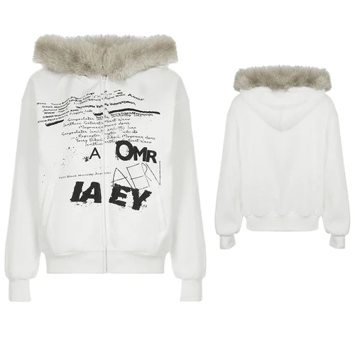 Cuteandpsycho Zip Up Fur Neck Hoodie Coats Fashion Slim Solid Y2K