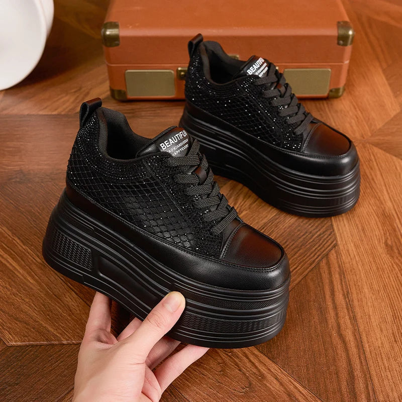 AUTUSPIN 9cm Platforms Chunky Sneakers for Women Leisure Shoes Summer Crystal Splicing Ladies Microfiber Leather Footwear Woman