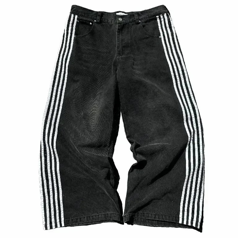 Harajuku Retro Hip Hop Mens Jeans Y2k Black Striped Baggy Jeans Gothic