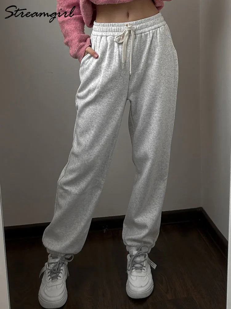 Thick Warm Sweatpants Women Winter Straight Leg Fleece Pants Elastic