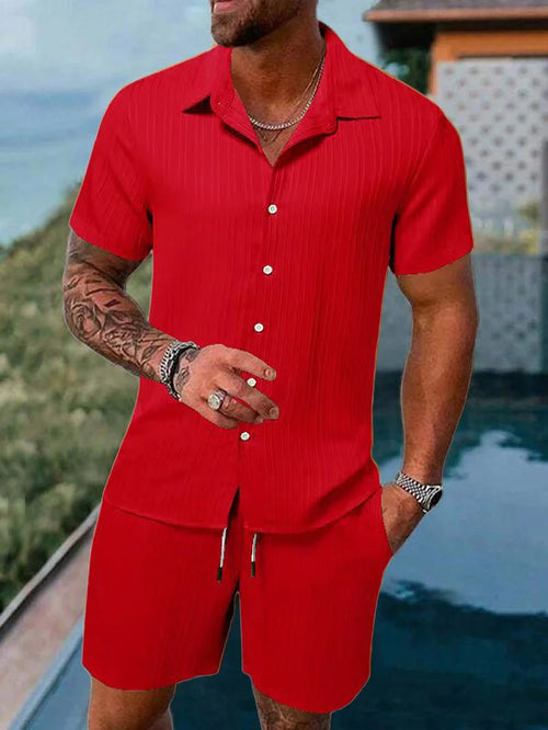 Men's beach suit striped solid color short sleeve shorts shirt Sports