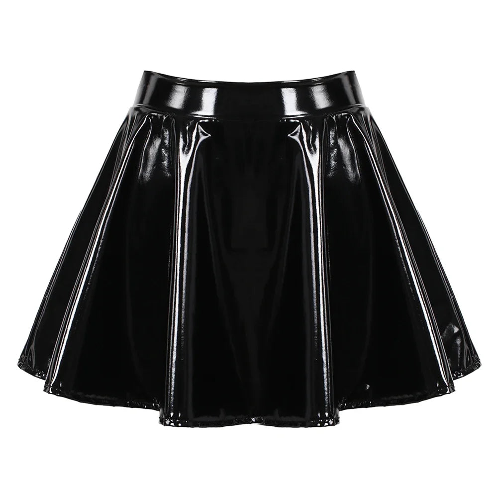 Women's A Line Skirt Glossy Patent Leather Flared Miniskirt Dance