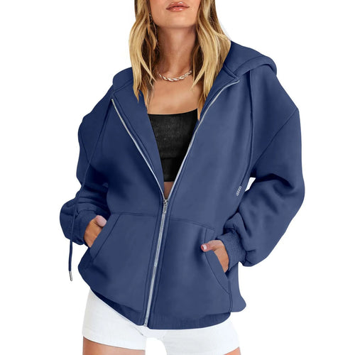 Fashion Gray Zip Up Sweatshirt Women Autumn Winter Jacket Clothes