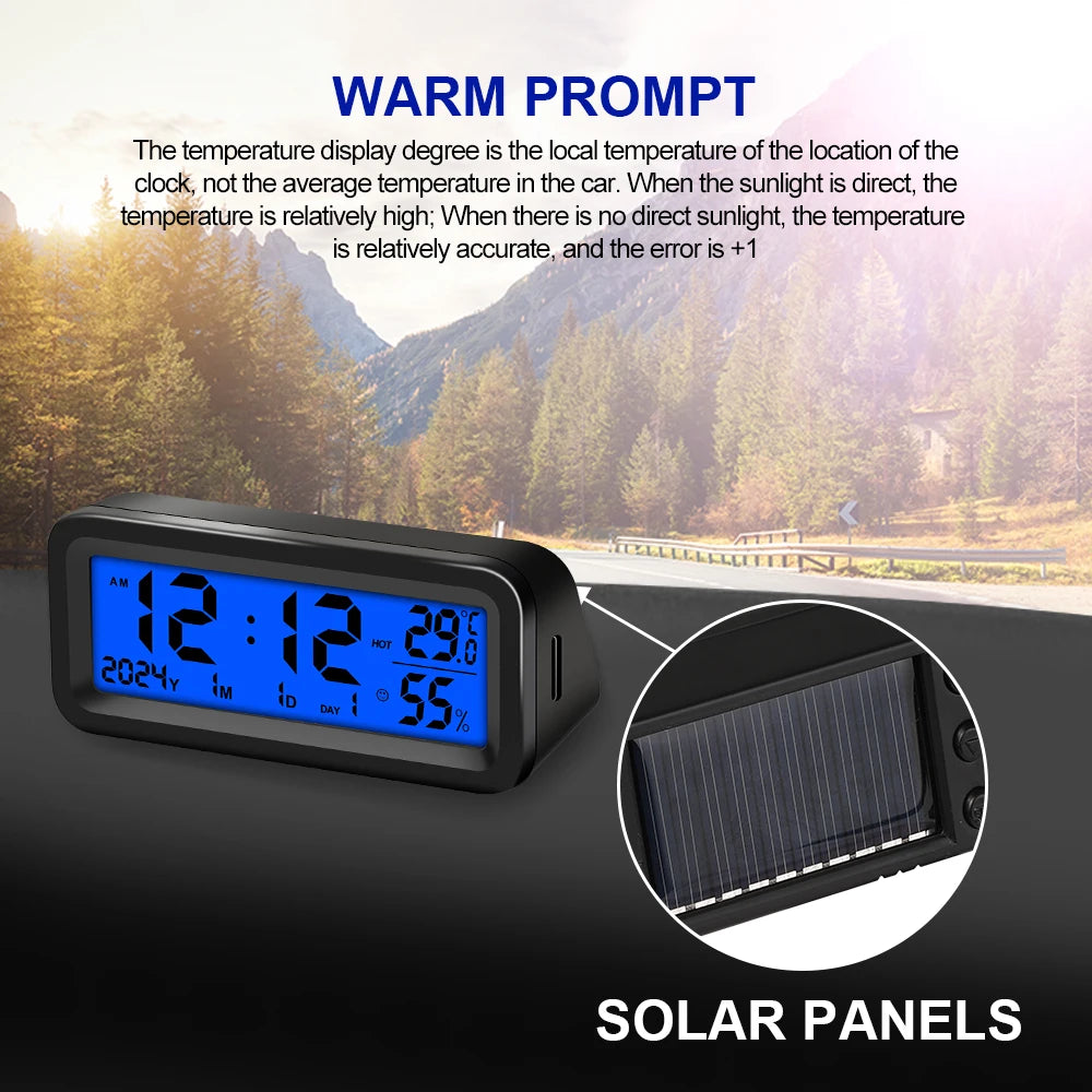 Solar Car Clocks Dashboard Thermometer Automotive Electronic Watch Led