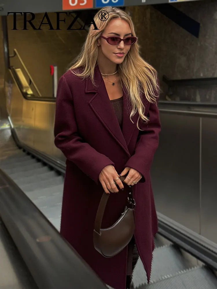 TRAFZA Women Fashion Burgundy Woolen Coat Double Breasted Long Sleeve