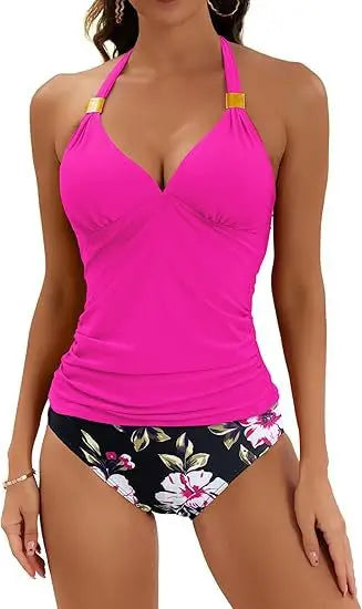Solid Halter Bikinis Set Tankini Set Women High Waist Swimwear Sexy Push Up Swimsuit Biquini Backless High Waist Bathing Suit