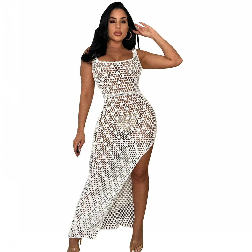 New Sexy S - XXL Fringe Sequin Knitted Crochet Tunic Beach Cover Up