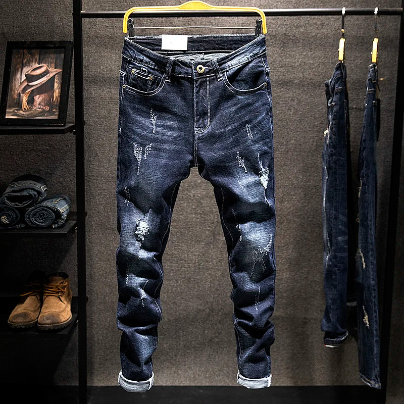 2024 New Ripped Jeans Men Slim-fit Denim Pants Cotton Korean Style