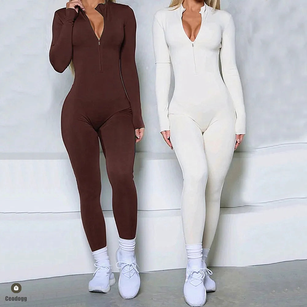 S-XL 2025 Nylon Zipper Long Sleeve Yoga Set Women One Piece Jumpsuit