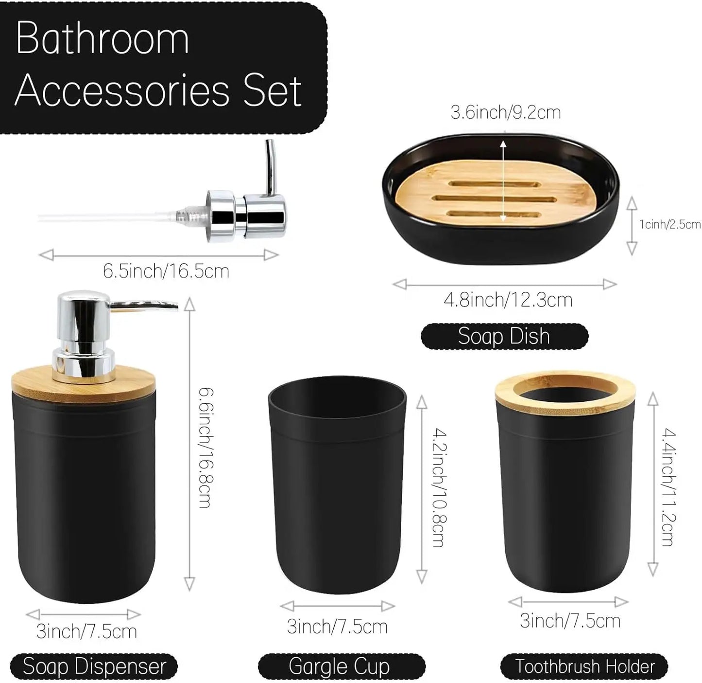 4-piece black bathroom accessories set, plastic toothbrush holder with