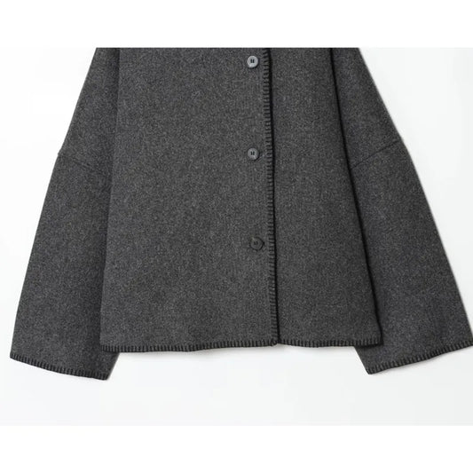 Women Wool Jacket with Wide Shoulder Autumn Vintage High Neck Long Sleeve Button Lady Coats Causal Female Chic Tops