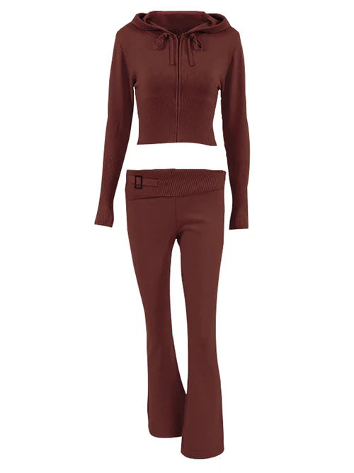 Tossy Knit Fashion 2 Piece-Set Trousers Hoodie Tracksuit Women Crop