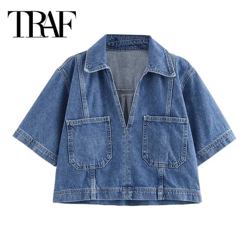 TRAF Blue Denim Shirt Woman Short Sleeve Cropped Shirt Women Summer