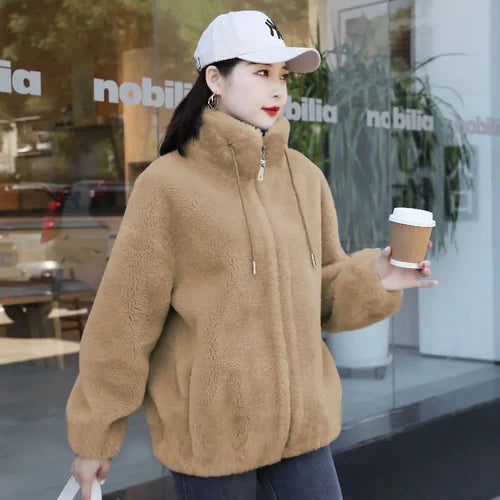 Women Winter Double Coral Fleece Warm Coat Stand Collar Plush Thick