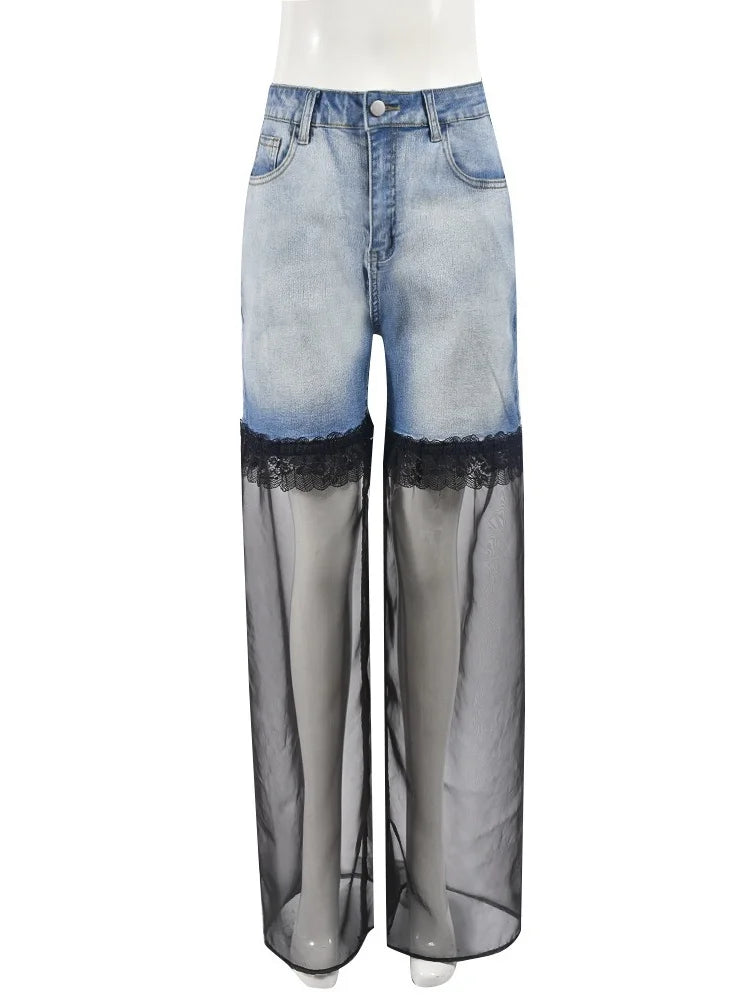 Wmstar Jeans Women High Waist Denim Mesh Patchwork Boyfriend Cargo