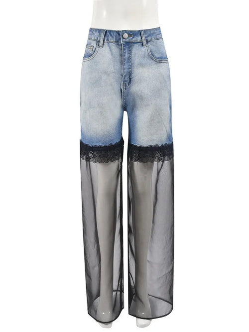 Wmstar Jeans Women High Waist Denim Mesh Patchwork Boyfriend Cargo