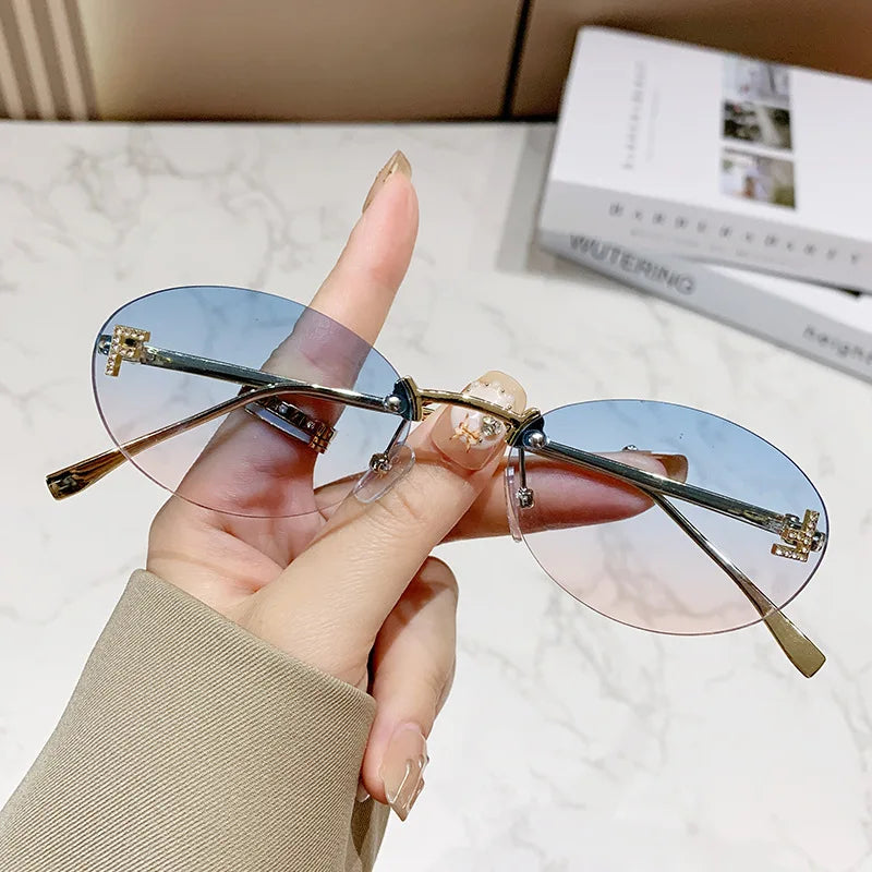 Elegant Diamond Oval Sunglasses Male Letter "F" Rimless Sunglasses