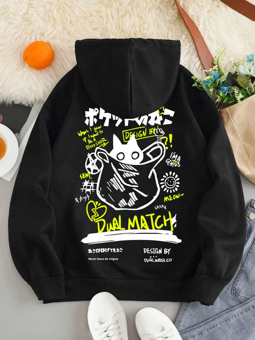 Cute Cat Cartoon Printed Sweatshirt Women Harajuku Casual Loose Hooded